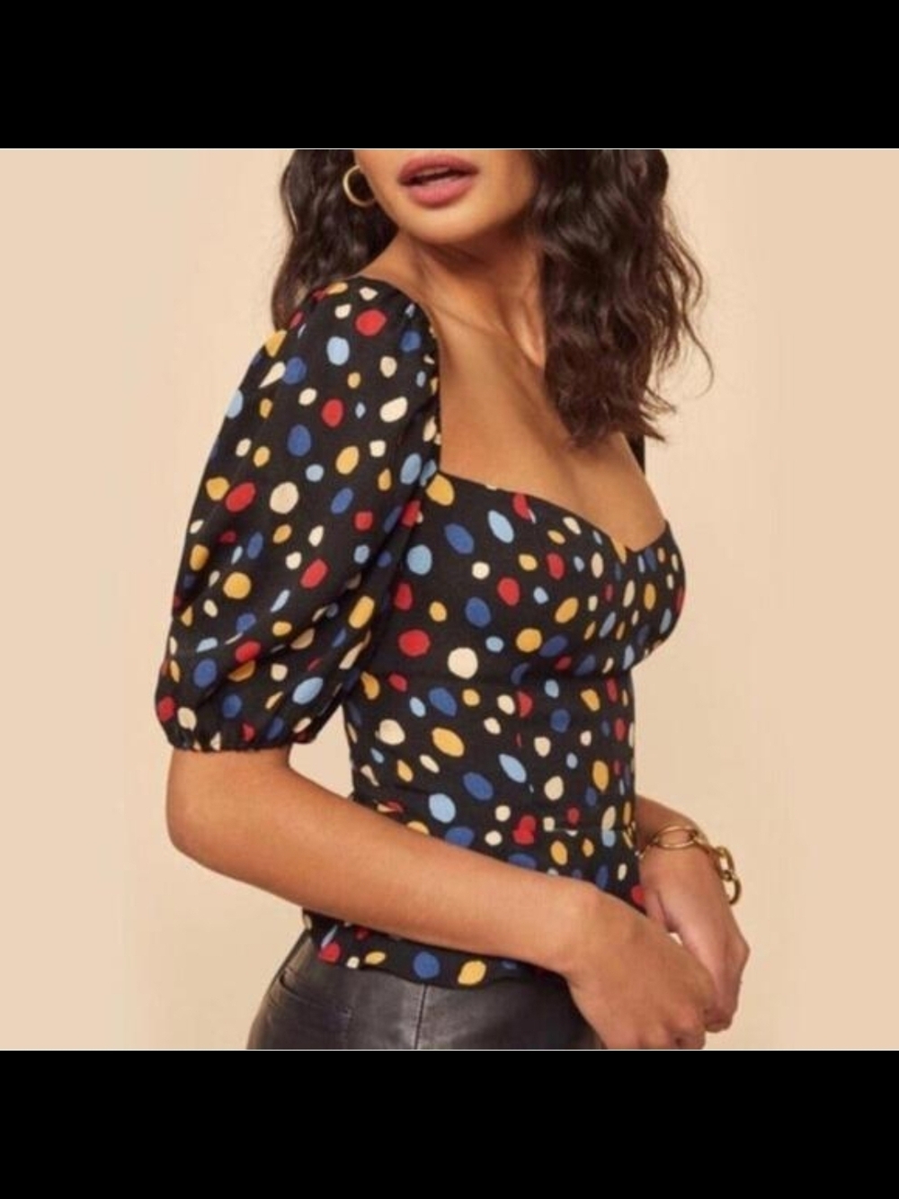Reformation Aimee Black Polka Dot Puff Sleeve Peplum Top In Fiesta